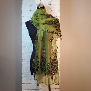 Peacock, Fanned Tail, Green, Gold, Glitter, Netted, Scarf, Gift for Women, Scall